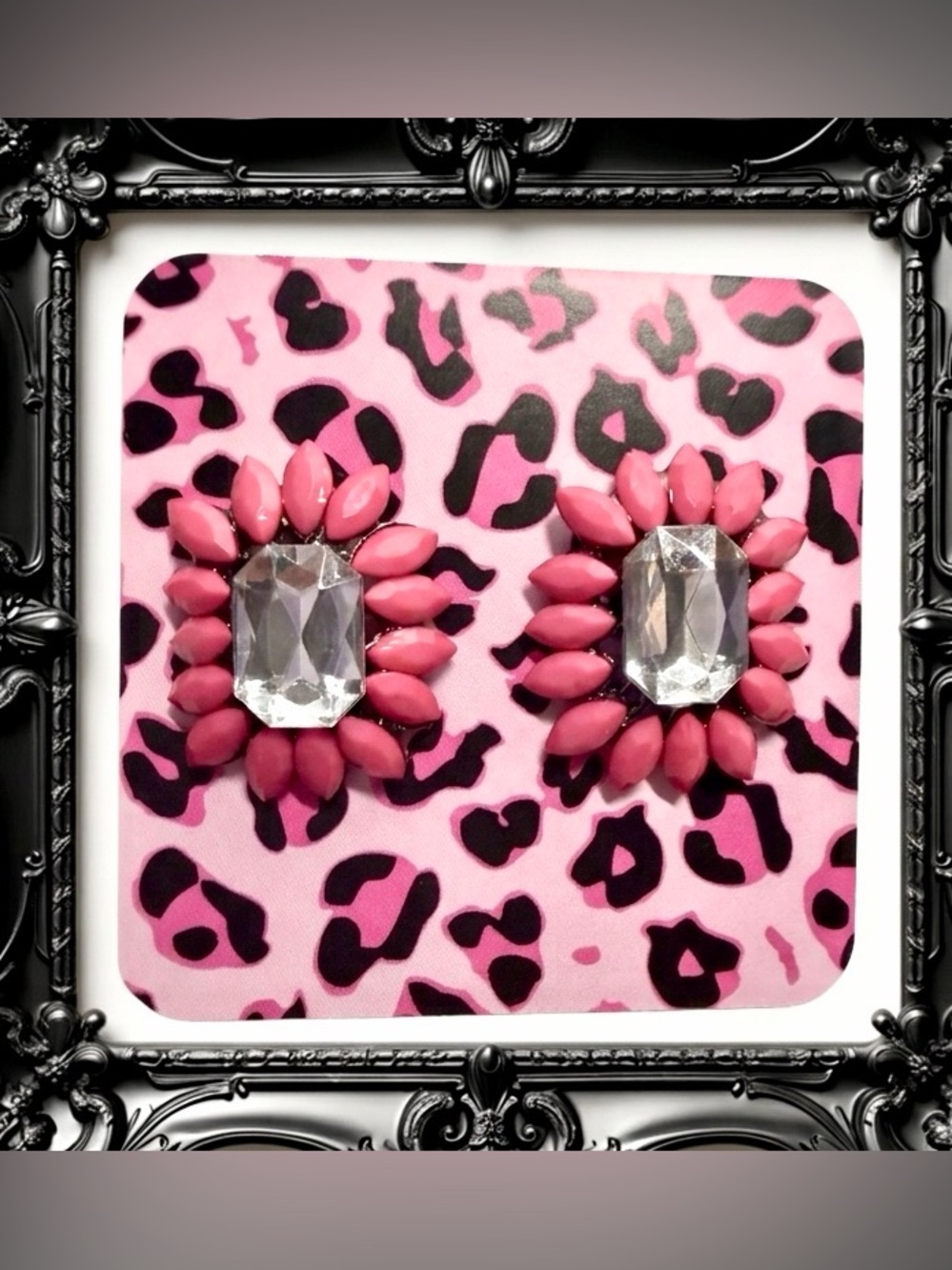Pink and Crystal Petal Stud  Earring, Betsy Johnson inspired. WhimsiGoth, Punk🖤